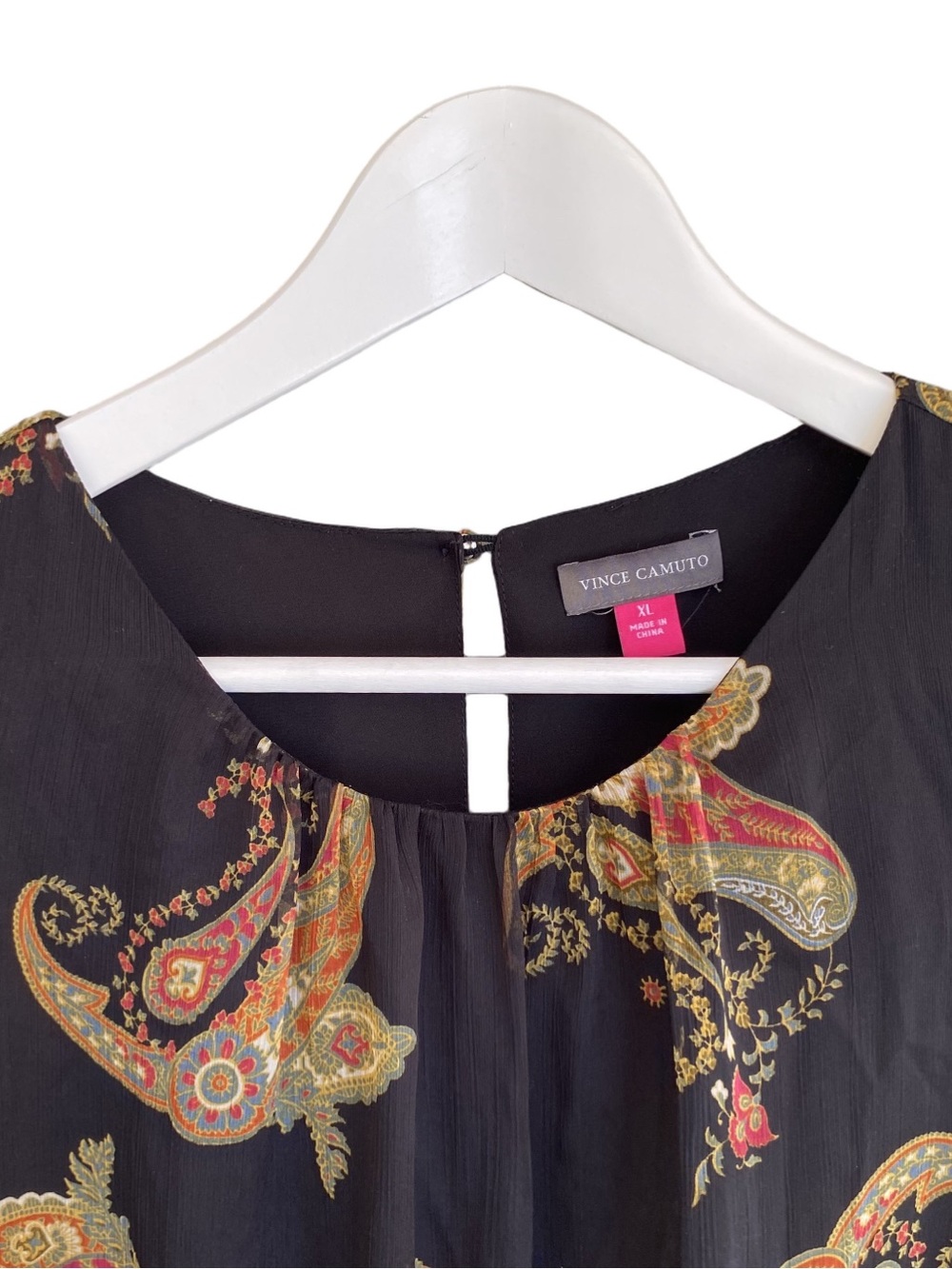 VINCE CAMUTO Top Blouse Sleeveless High Neck Rich Black Paisley Print Women XL - Picture 3 of 10